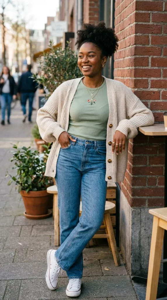 Baby Tee Layered Under an Open Cardigan
