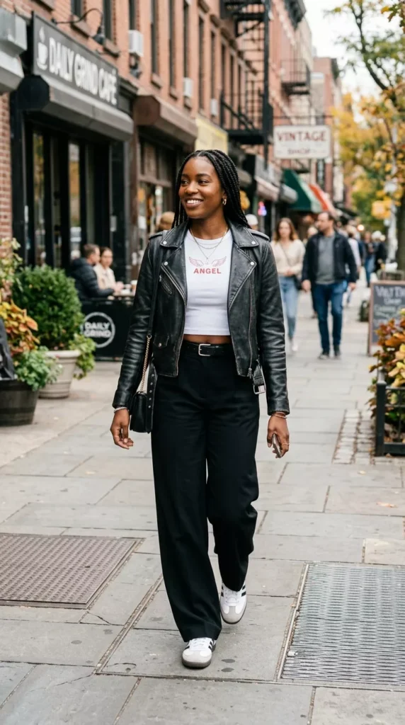 Baby Tee With Leather Jacket and Black Trousers