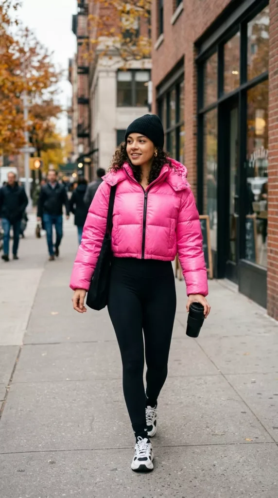 Bright Pink Puffer With Black Leggings