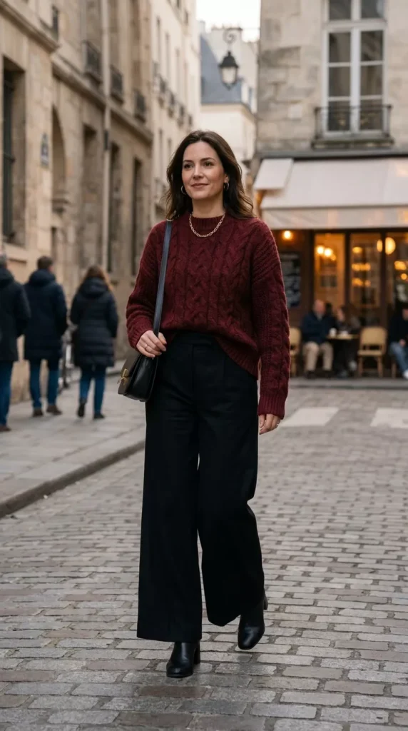 Burgundy Sweater With Wide-Leg Black Pants