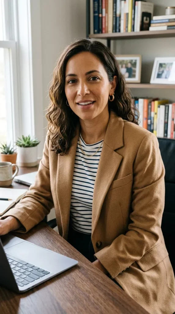 Camel Blazer Over a Striped Tee