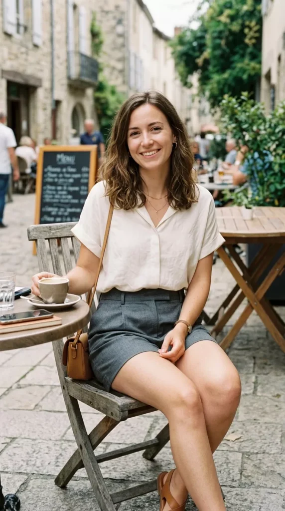 Cream Blouse With Grey Tailored Shorts