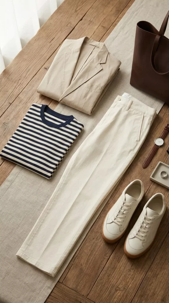 Cream Trousers With Striped Tee