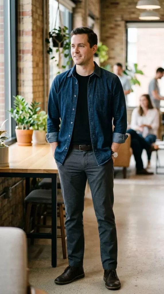 Denim Shirt Over a Black Tee With Trousers