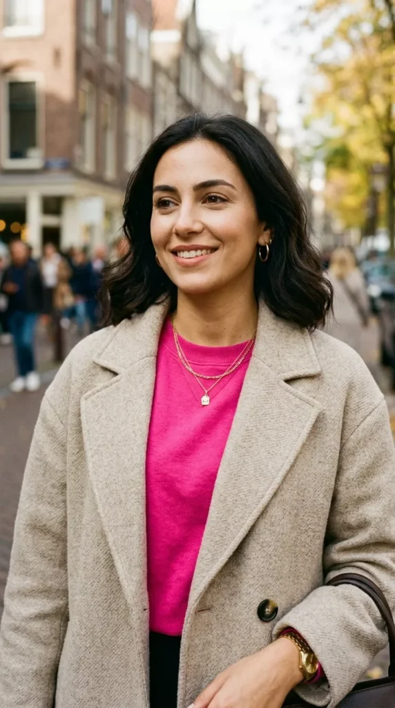 Fuchsia Top Under A Neutral Coat