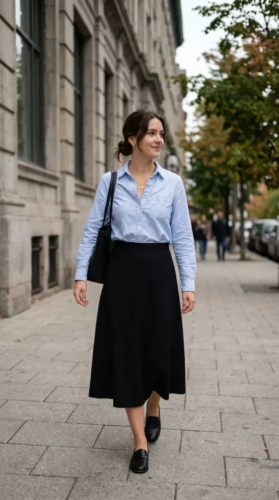 Light Blue Oxford With Black Midi Skirt