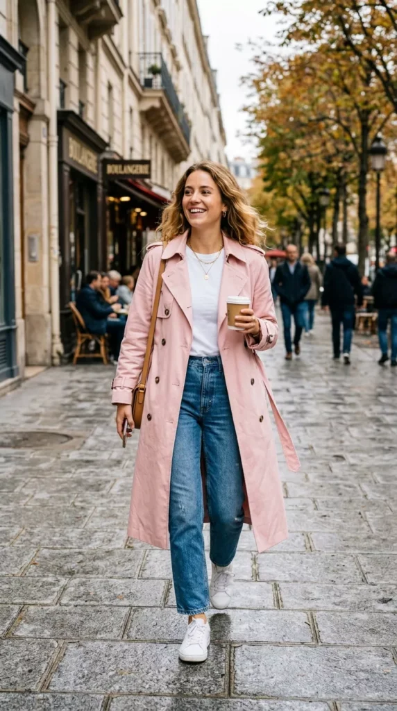 Light Pink Trench Over Jeans And A Tee