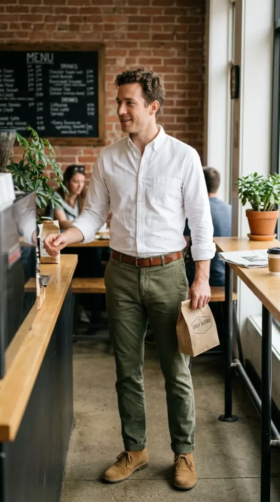 Olive Chinos With a Crisp White Button-Down