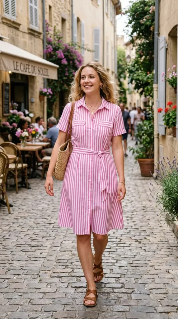 Pink And White Striped Shirt Dress