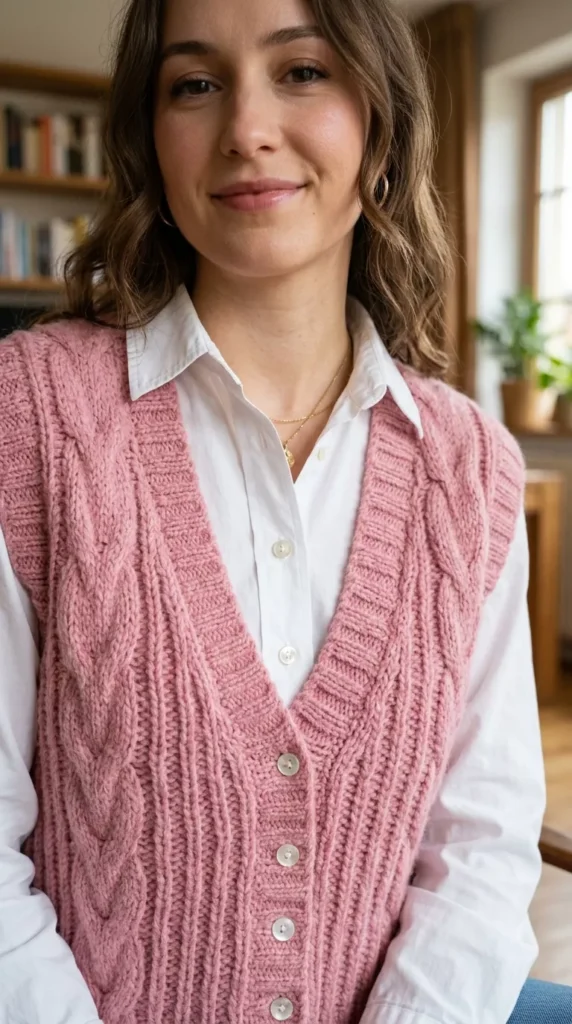 Pink Knit Vest Over A Button-Down