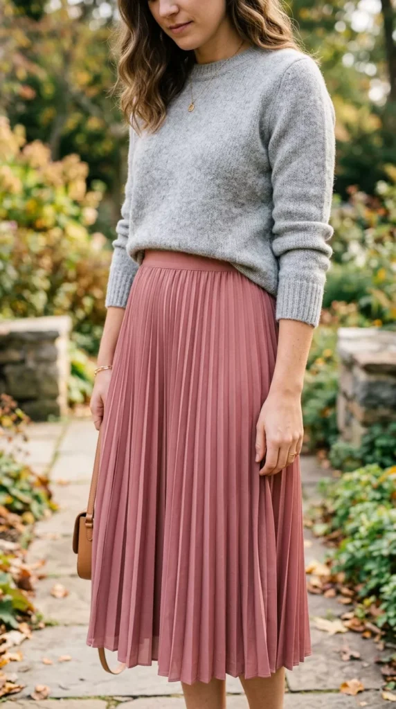 Rose Pink Midi Skirt With A Grey Sweater