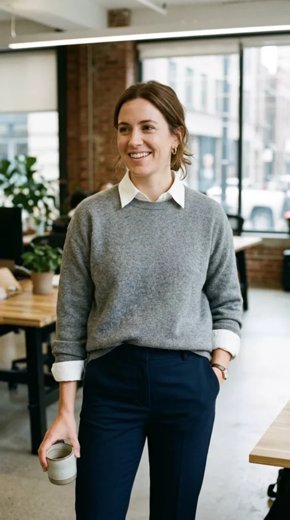 Soft Grey Sweater Over a Collared Shirt