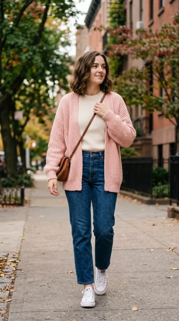 Soft Pink Cardigan Over Straight Jeans