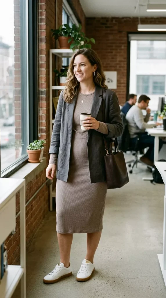 Taupe Knit Dress With Sneakers