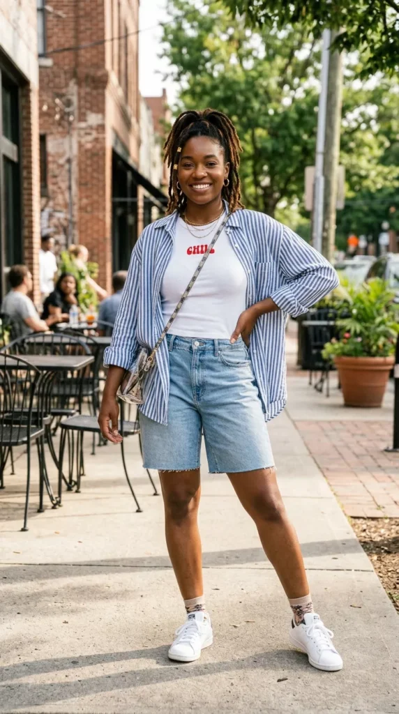 Baby Tee With Relaxed Shorts and Button-Up Shirt