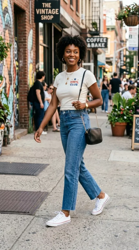 Baby Tee With Straight-Leg Jeans and Low Sneakers