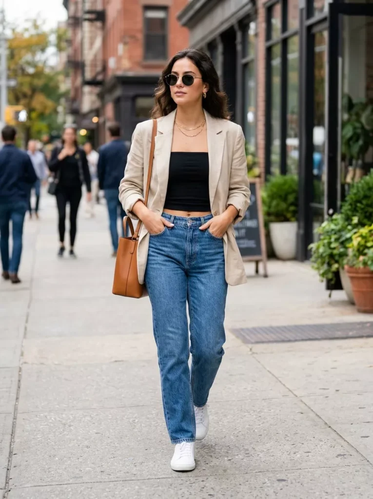 Bandeau Layered Under Lightweight Blazer with Jeans
