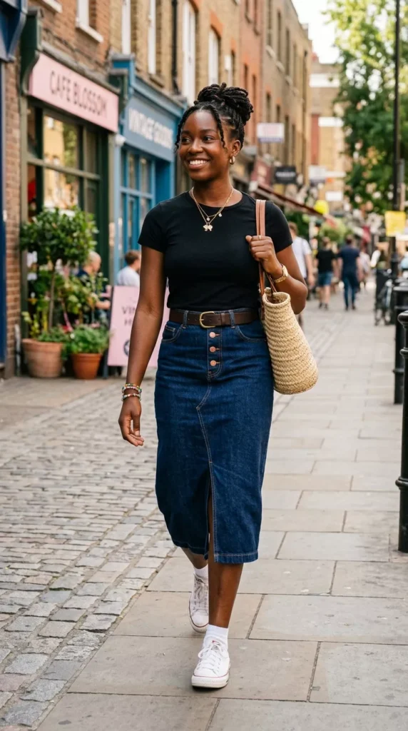 Black Baby Tee Tucked Into a Midi Denim Skirt