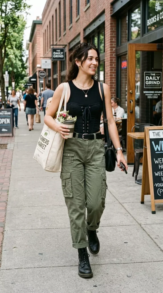Black Corset with Cargo Pants for Weekend Errands