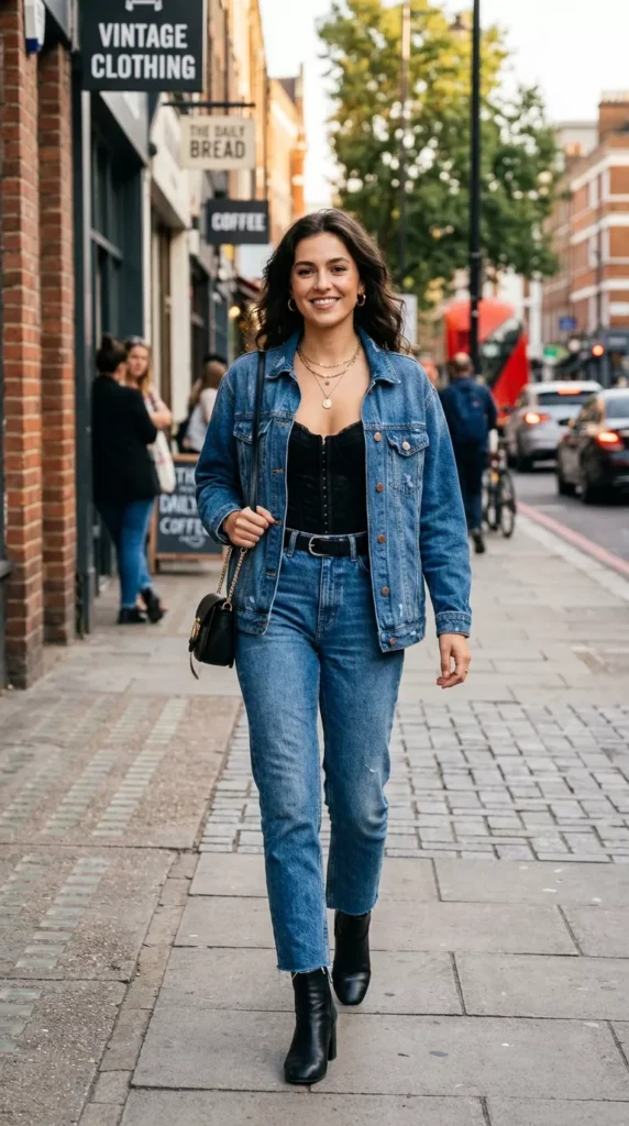 Black Corset with Straight-Leg Jeans and a Denim Jacket