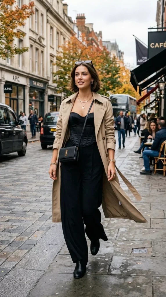 Black Corset with Wide-Leg Trousers and a Trench Coat
