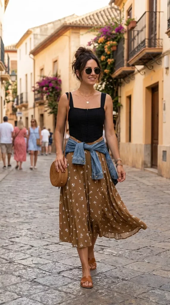 Black Corset with a Flowy Midi Skirt for Warm Weather