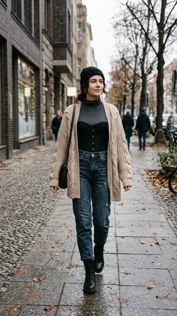 Black Corset with a Knit Cardigan for Early Winter