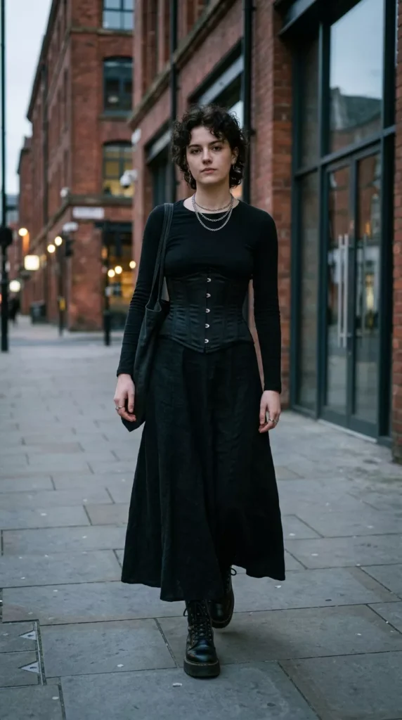 Black Corset with a Long Sleeve Tee and Skirt