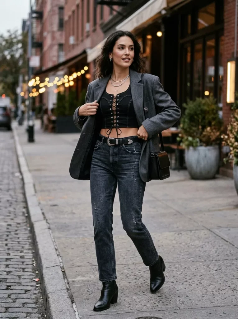 Black Lace-Up Western Crop with Tailored Blazer