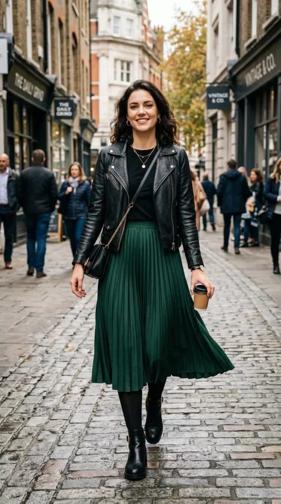 Black Tee and Leather Jacket With a Dark Green Pleated Midi Skirt