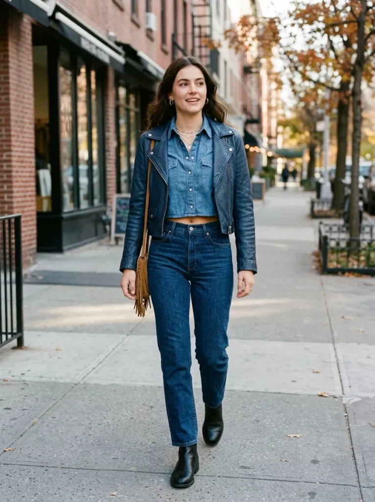 Blue Chambray Snap-Front Crop with Leather Jacket