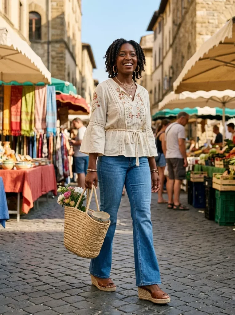Boho Blouse, Wedge Sandals, and Flared Jeans for Warm Days