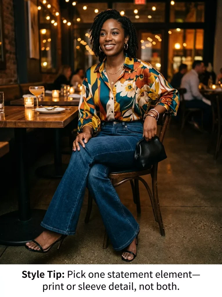 Bold Printed Blouse, Slim Waist, and Flared Jeans for Date Night
