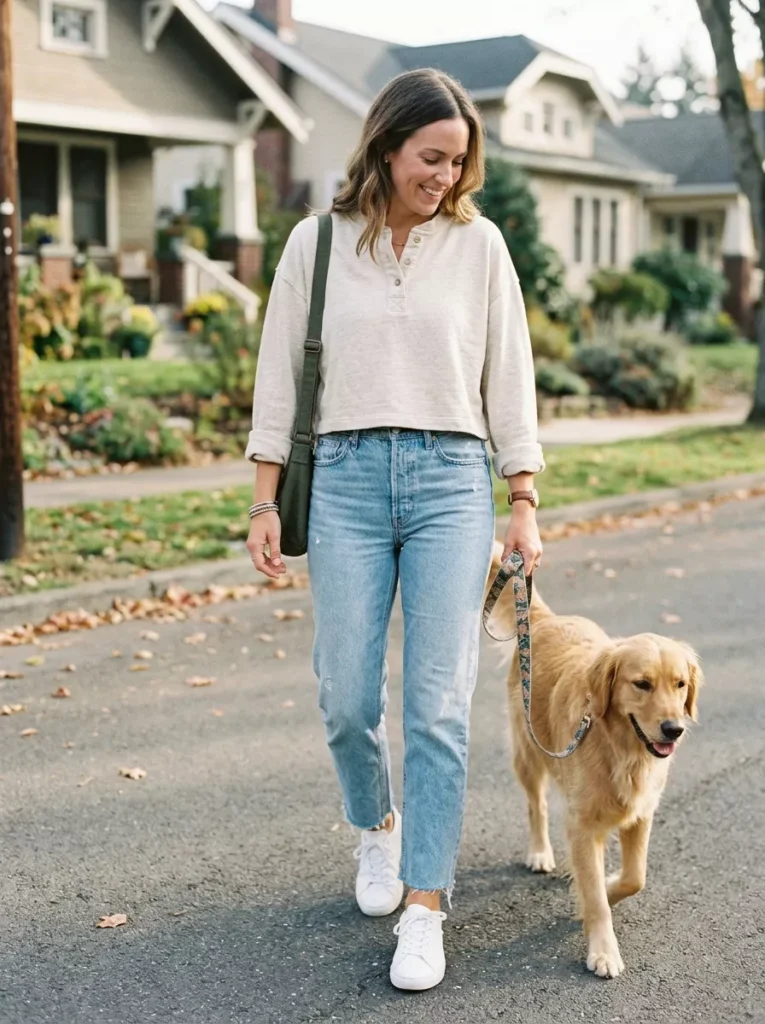 Boxy Henley Crop with Light Wash Jeans and Sneakers