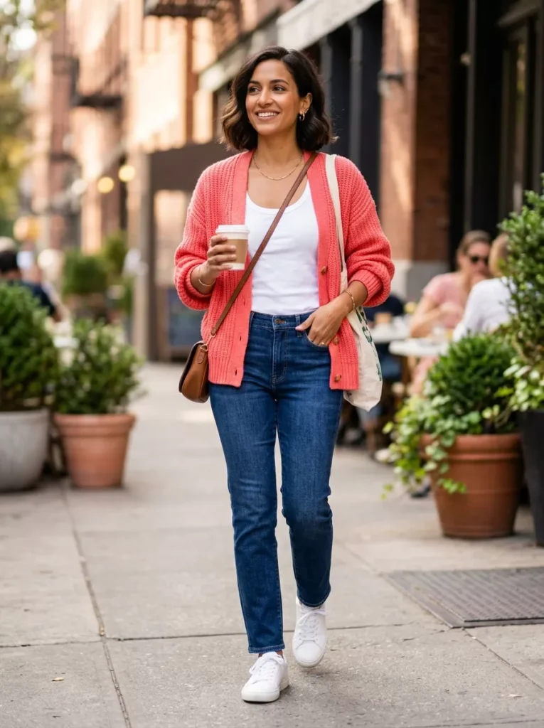 Bright Cardigan and Neutral Jeans for Lifted Everyday Color