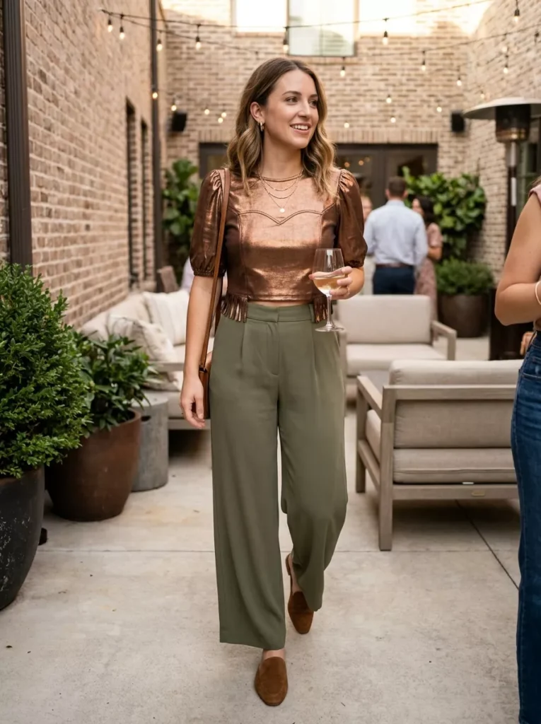 Bronze Metallic Western Crop with Wide-Leg Trousers