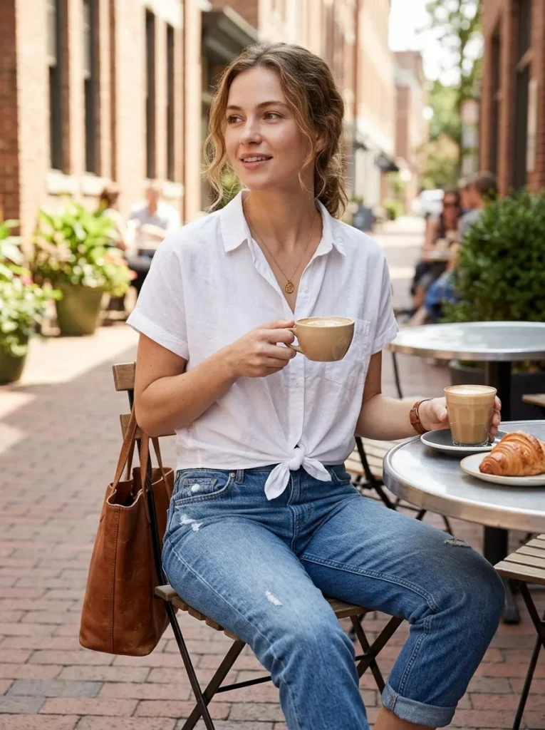 Button-Front Short Cotton Shirt Tied at Waist with Boyfriend Jeans