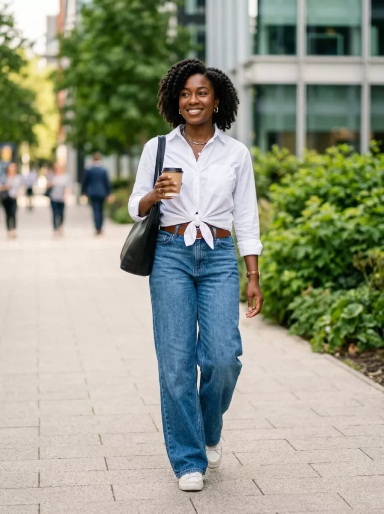 Button-Up Shirt, Knotted at the Front, + Low Rise Wide Legs