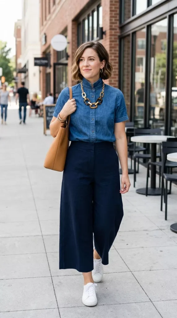 Buttoned High with a Statement Necklace and Wide-Leg Culottes