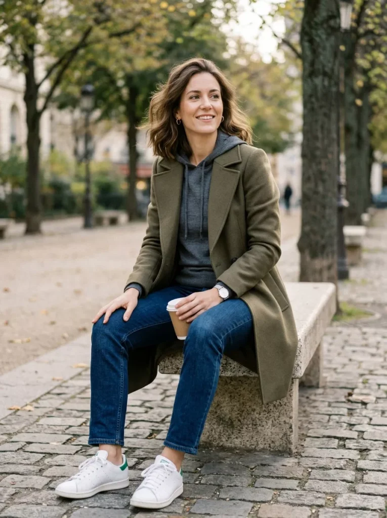 Casual Chic with a Hoodie Under a Coat and Jeans