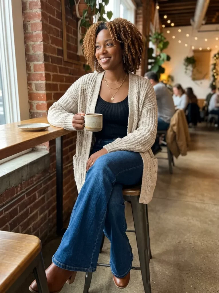 Chunky Knit Cardigan, Tank, and Flared Jeans for Cozy Layers