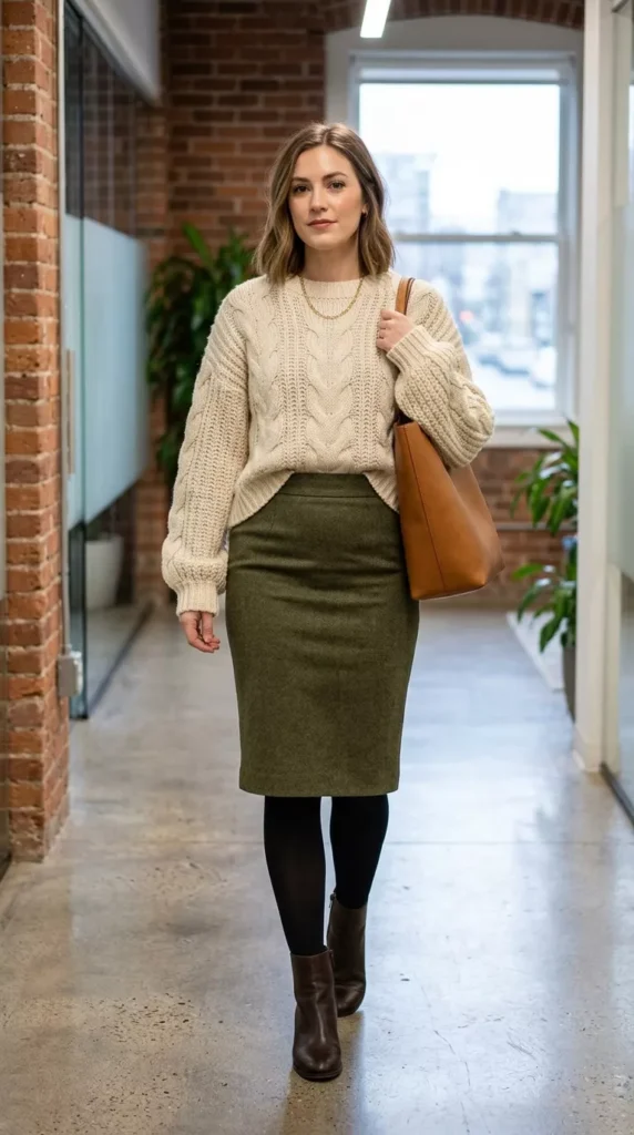 Chunky Knit Sweater With Olive Green Pencil Skirt