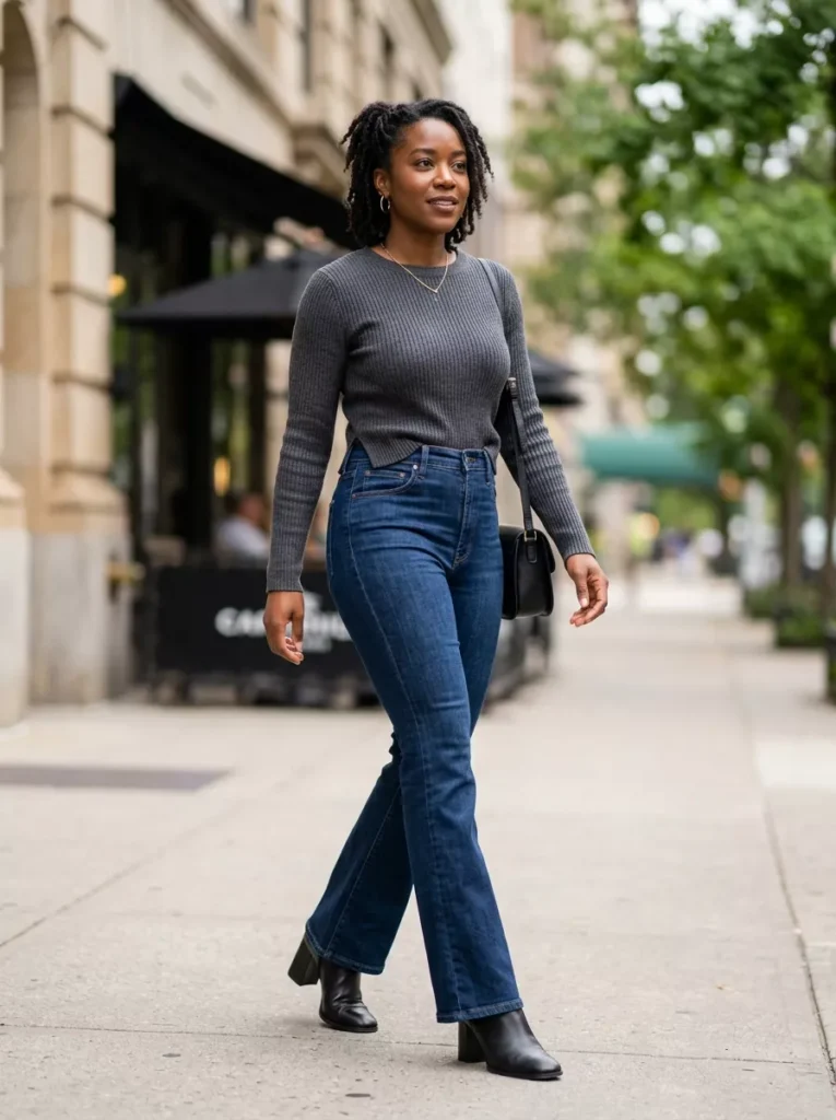 Clean Dark-Wash High-Rise Flares with a Cropped Knit