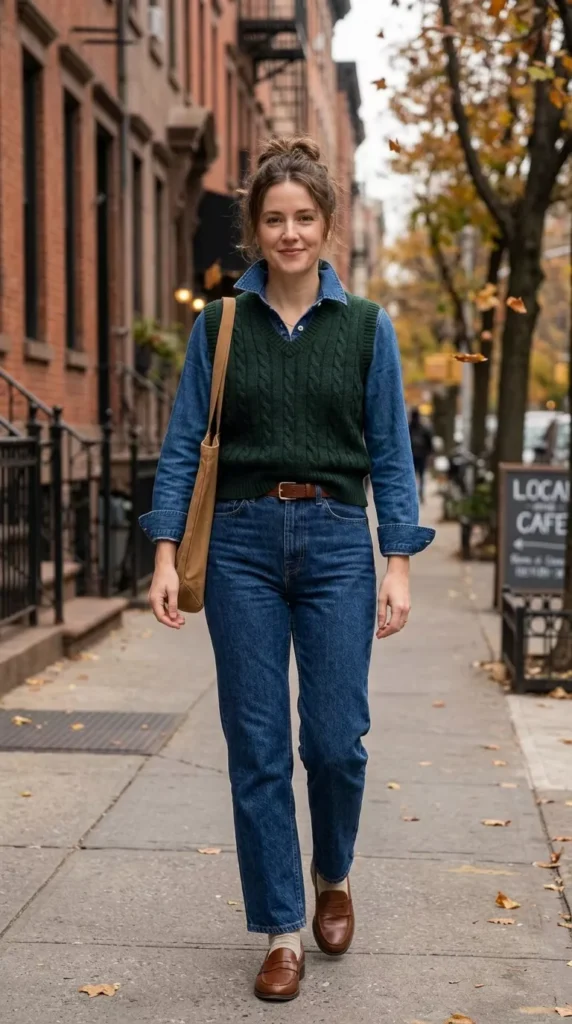 Collar-Peep with a Sweater Vest and High-Waist Jeans
