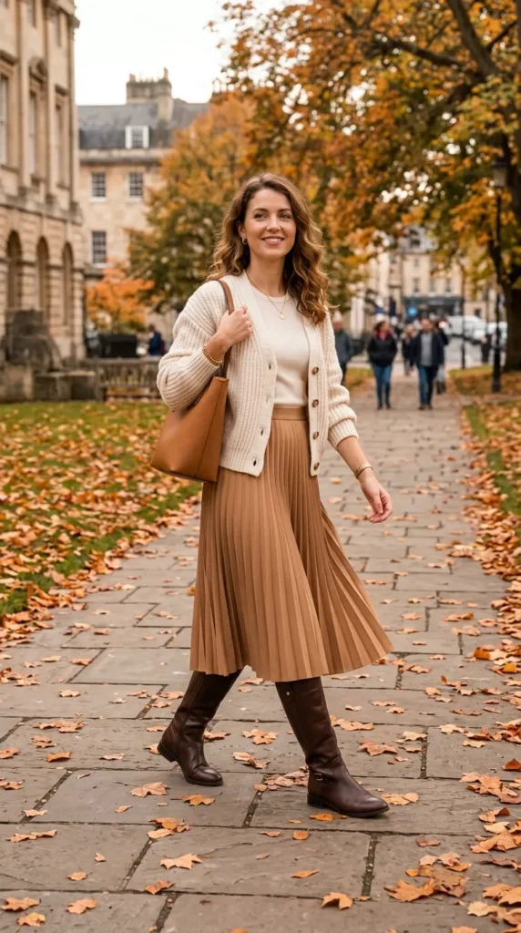 Cream Cardigan With a Camel Pleated Midi Skirt and Tall Boots