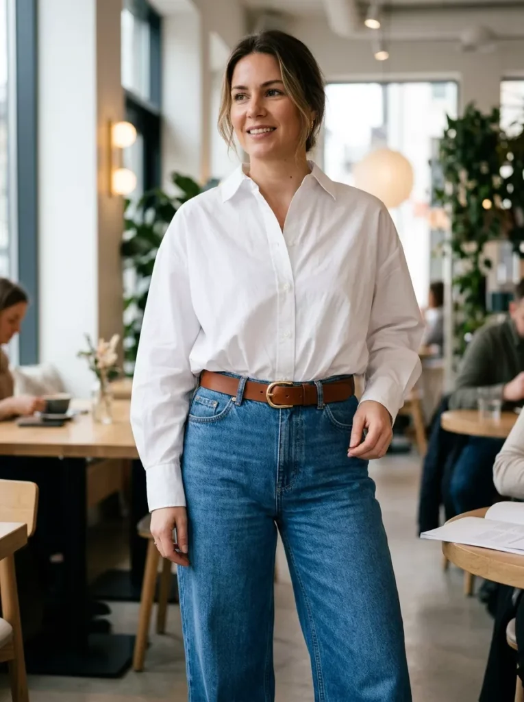 Crisp Button-Down Tucked In with a Leather Belt