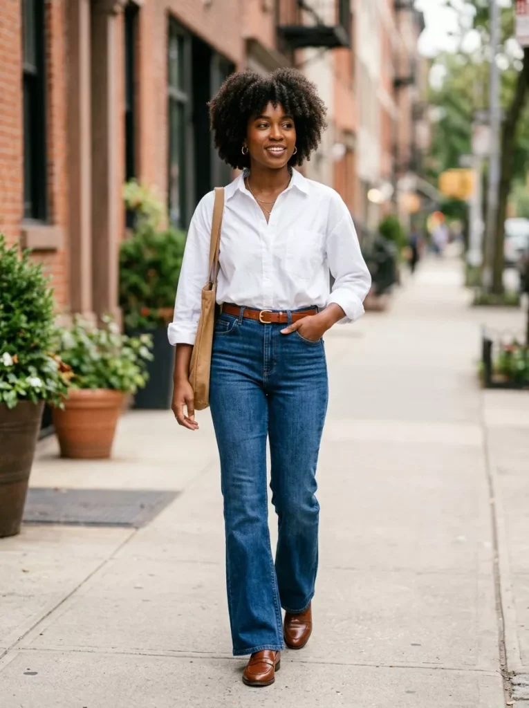 Crisp White Button-Down Tucked into High Flares