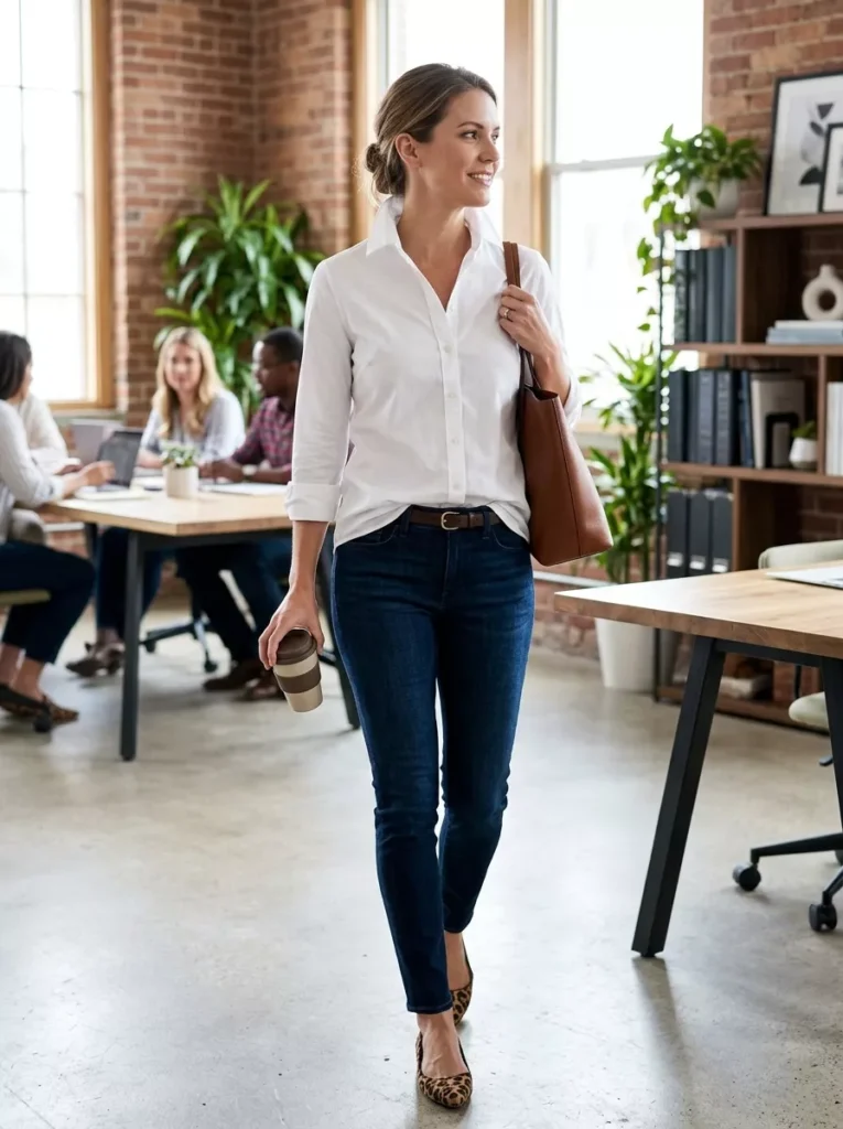 Crisp White Button-Down and Dark Jeans for Easy Office Chic