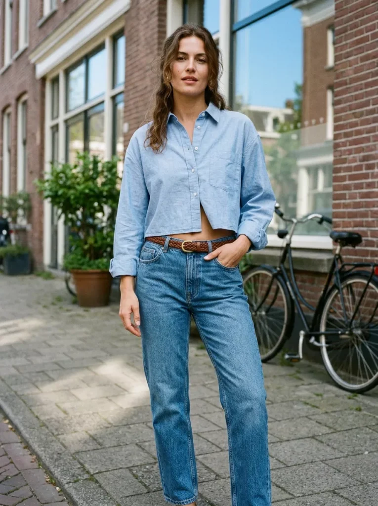 Cropped Button-Front Shirt with Straight Jeans