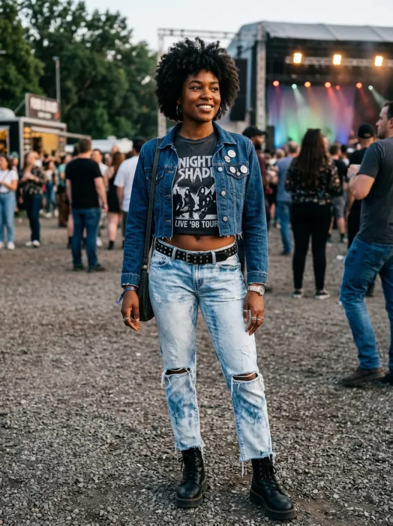 Cropped Denim Jacket, Graphic Band Tee, and Low Rise Distressed Jeans